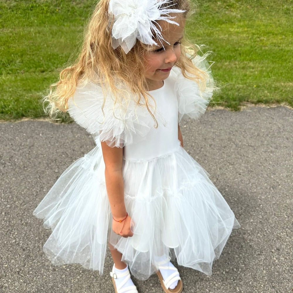 Handmade Charming White Kids Costume Dress with Feather Accents